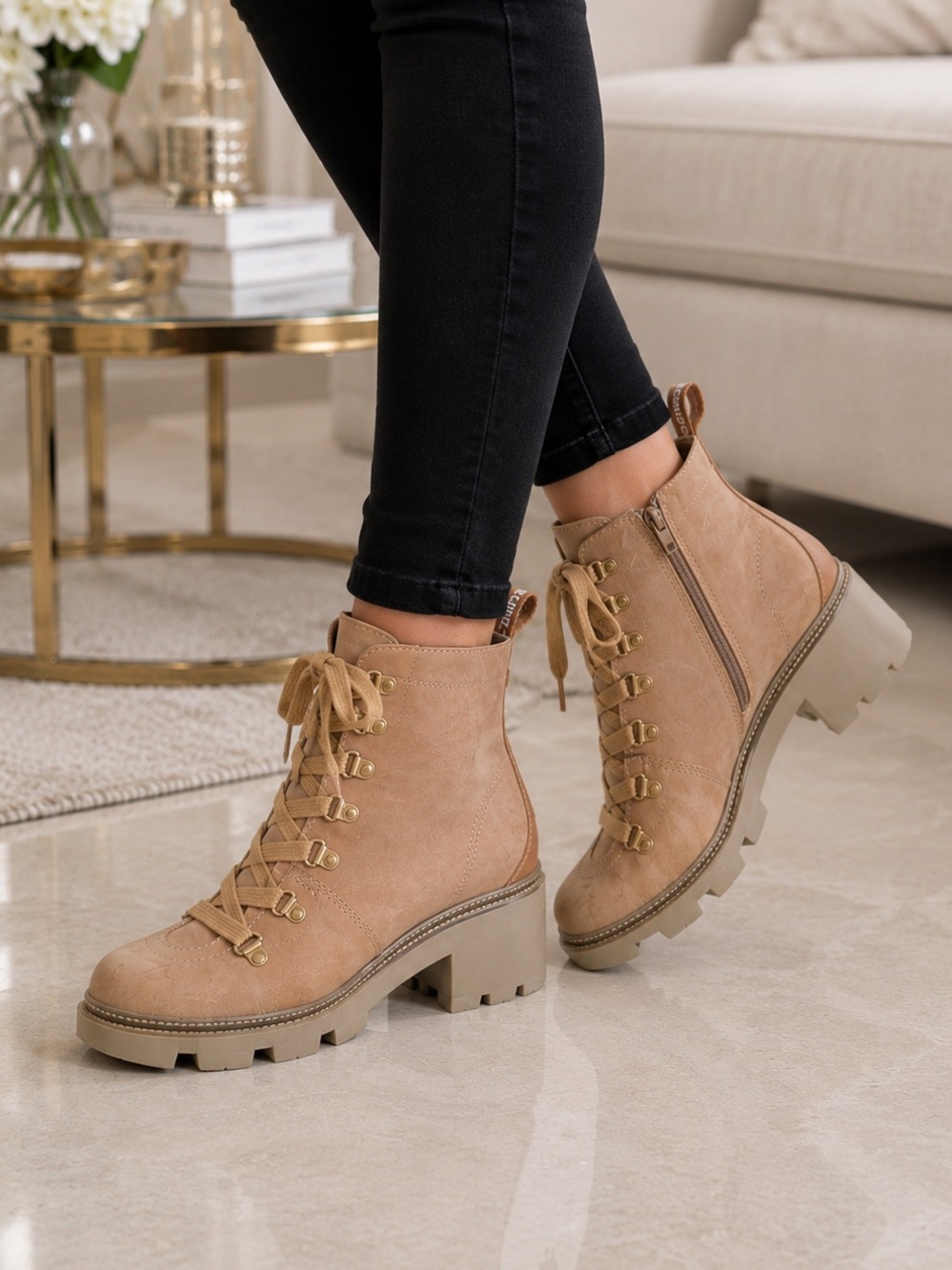 SCHUTZ Tan Lace-Up Lug Sole leather Ankle Boots